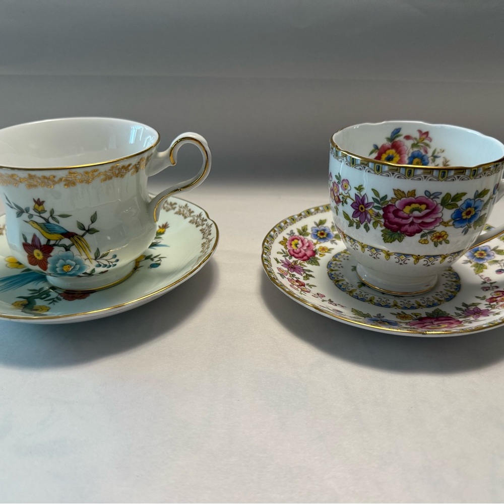 Floral Teacup and Saucer Sets with Gold Accents